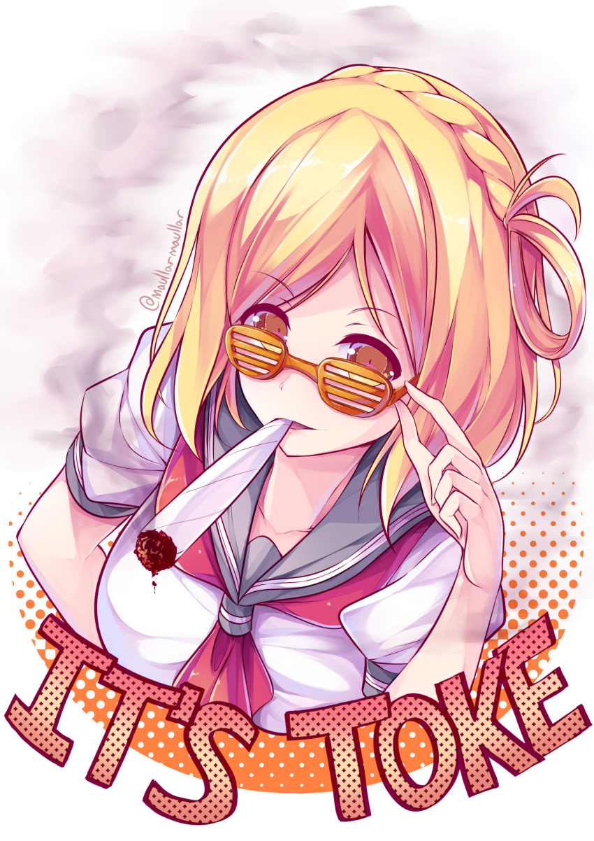 1girl, blonde_hair, commentary, english, highres, love_live!, love_live!_sunshine!!, marijuana