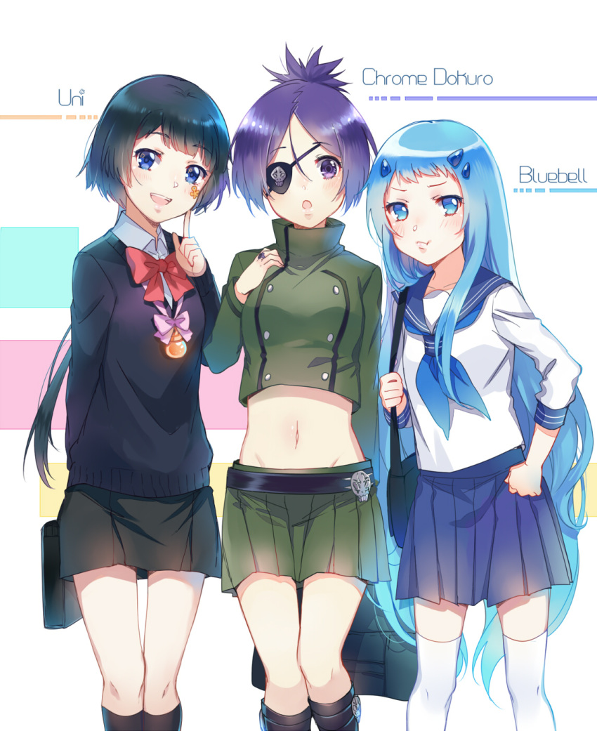 blue_eyes, blue_hair, bluebell, blush, chrome_dokuro, ekita_xuan, eyebrows_visible_through_hair, eyepatch