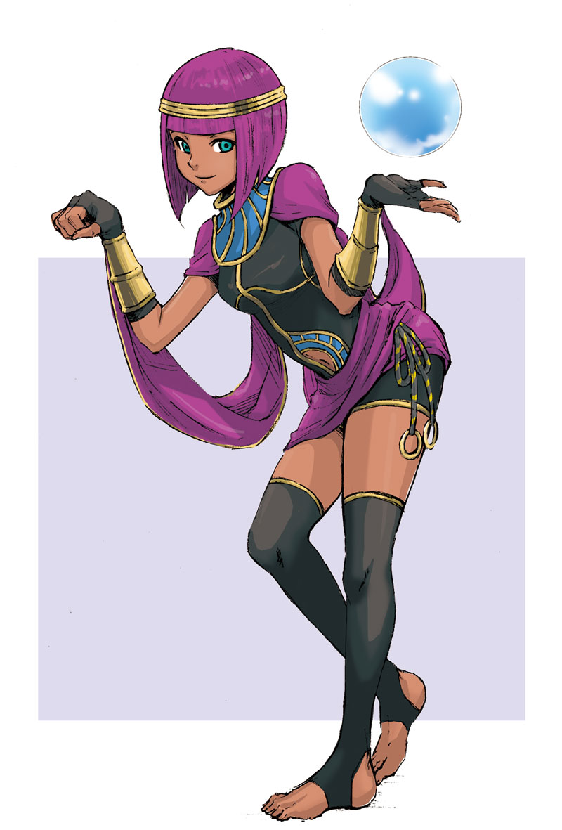 1girl, black_legwear, bracer, circlet, coelacanth_(gyotaku), dark_skin, feet, fingerless_gloves, floating_object, full_body, gloves, green_eyes, hagoromo, menat, midriff, navel, navel_cutout, no_shoes, orb, purple_hair, shawl, solo, street_fighter, street_fighter_v, thigh-highs, thighs, toeless_legwear, toes