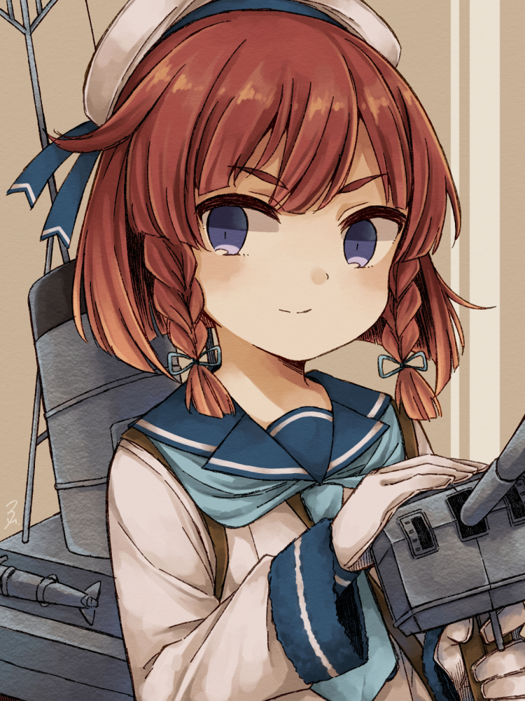 1girl, bangs, blue_neckerchief, blue_ribbon, blunt_ends, braid, etorofu_(kantai_collection), eyebrows_visible_through_hair, gloves, hair_ribbon, hat, hat_ribbon, kantai_collection, long_sleeves, looking_to_the_side, machinery, mast, miroku_san-ju, neckerchief, redhead, ribbon, sailor_hat, school_uniform, serafuku, short_hair, smile, smokestack, solo, turret, twin_braids, upper_body, violet_eyes, white_gloves, white_hat