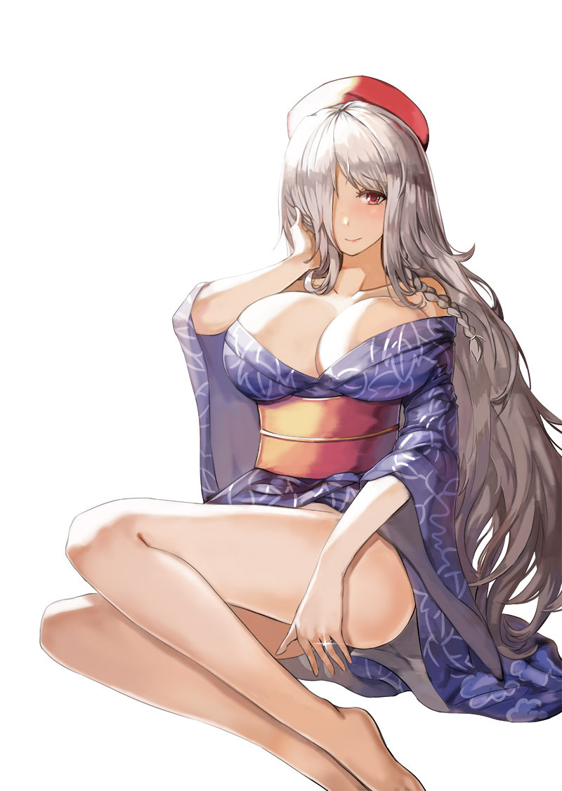 1girl, :>, barefoot, beret, braid, breasts, closed_mouth, collarbone, eyebrows_visible_through_hair, g36_(girls_frontline), girls_frontline, glint, grey_hair, hair_over_one_eye, hat, head_tilt, japanese_clothes, jewelry, kimono, large_breasts, long_hair, looking_at_viewer, obi, off_shoulder, red_eyes, redhead, riko_(ccllnnhh), ring, sash, simple_background, single_braid, solo, very_long_hair, wedding_band, white_background