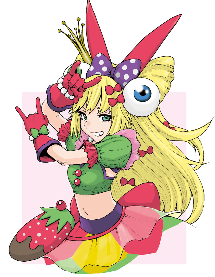 1girl, \m/, bag, blonde_hair, bow, bracelet, breasts, cleavage