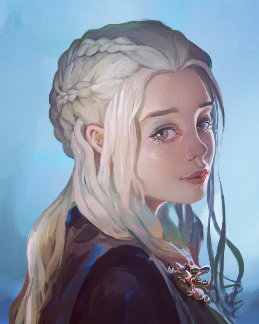 1girl, a_song_of_ice_and_fire, absurdres, braid, daenerys_targaryen, face, game_of_thrones, highres, lips, long_hair, looking_at_viewer, looking_back, twomix, violet_eyes, white_hair