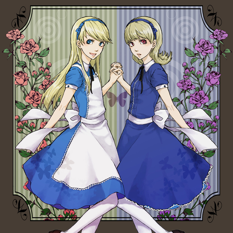 alice_(megami_tensei), alice_(wonderland), alice_(wonderland)_(cosplay), cosplay, flower, kuma_(persona_4), pantyhose, persona, persona_4, trap, umechiui, white_legwear