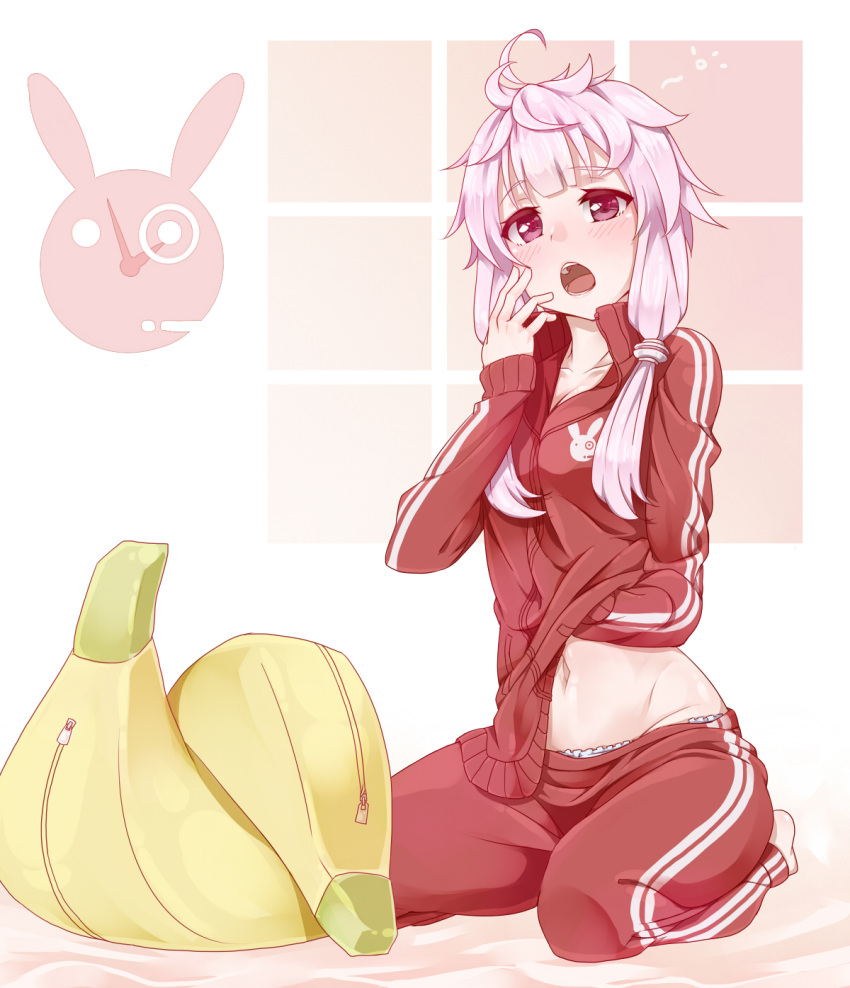 1girl, ahoge, banana, bangs, blush, food, fruit, highres, long_hair, low_twintails, open_mouth, panties, panty_peek, purple_hair, seiza, sitting, sleeping_bag, solo, track_suit, twintails, underwear, violet_eyes, vocaloid, voiceroid, waking_up, yawning, yuirimo, yuzuki_yukari