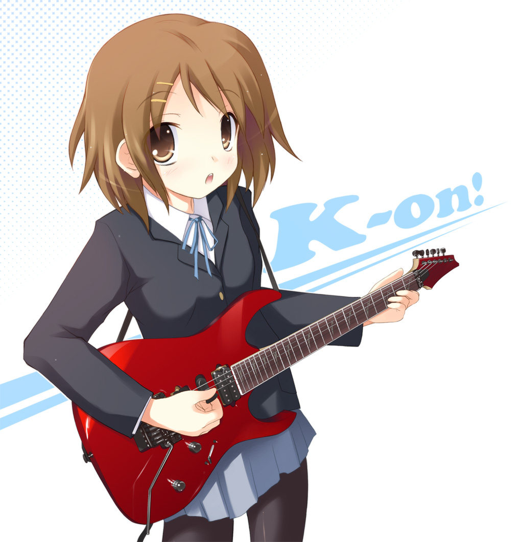 1girl, brown_eyes, brown_hair, guitar, hirasawa_yui, instrument, k-on!, pantyhose