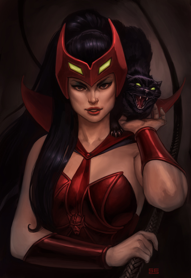 1girl, animal_ears, artist_name, black_hair, cat, cat_ears, catra, fangs