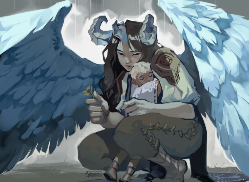 1boy, 1girl, brown_hair, commentary, feathered_wings, flower, harpy, height_difference