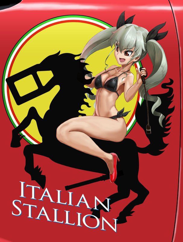 1girl, abazu-red, anchovy, bangs, bikini, black_ribbon, breasts, cleavage