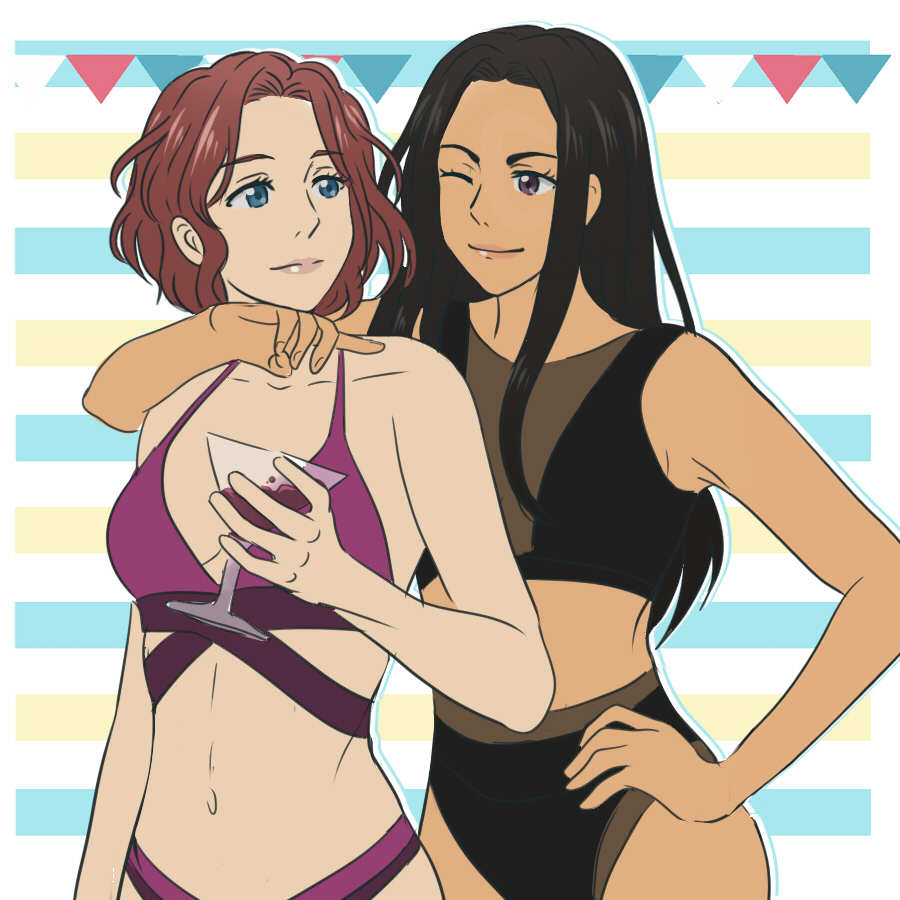 2girls, alcohol, bikini, black_hair, blue_eyes, cubisticking, cup, dark_skin