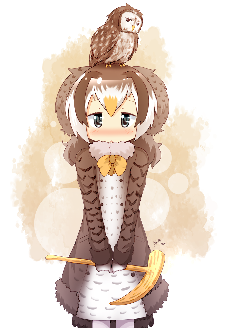 1girl, 2017, animal, animal_on_head, artist_name, black_eyes, blonde_hair, blush, brown_hair, cane, coat, commentary, fur_collar, fur_trim, gloves, head_wings, highres, holding, kemono_friends, kyuushuu_owl, kyuushuu_owl_(kemono_friends), long_hair, long_sleeves, looking_at_viewer, multicolored_hair, nose_blush, number, on_head, own_hands_together, parted_lips, signature, standing, v_arms, white_gloves, white_hair, yogurtm
