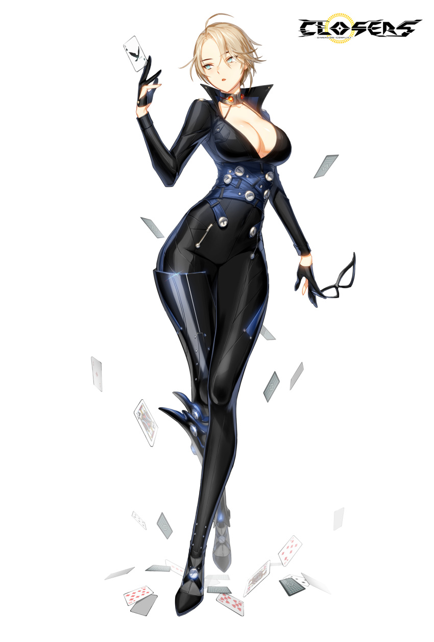 ahoge, alternate_hair_length, alternate_hairstyle, artist_request, black_gloves, blue_eyes, bodysuit, breasts, card, choker, cleavage, closers, copyright_name, covered_navel, full_body, glint, gloves, half_gloves, halterneck, harpy_(closers), highres, large_breasts, legs_crossed, light_brown_hair, looking_away, mask, mask_removed, mole, mole_under_eye, official_art, parted_lips, playing_card, short_hair, simple_background, single_greave, slit_pupils, white_background