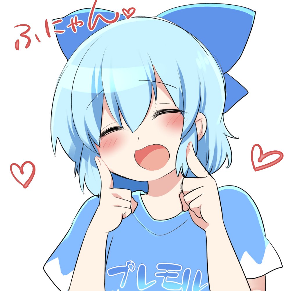 1girl, :d, ^_^, alternate_costume, blue_hair, blush, bow, cirno