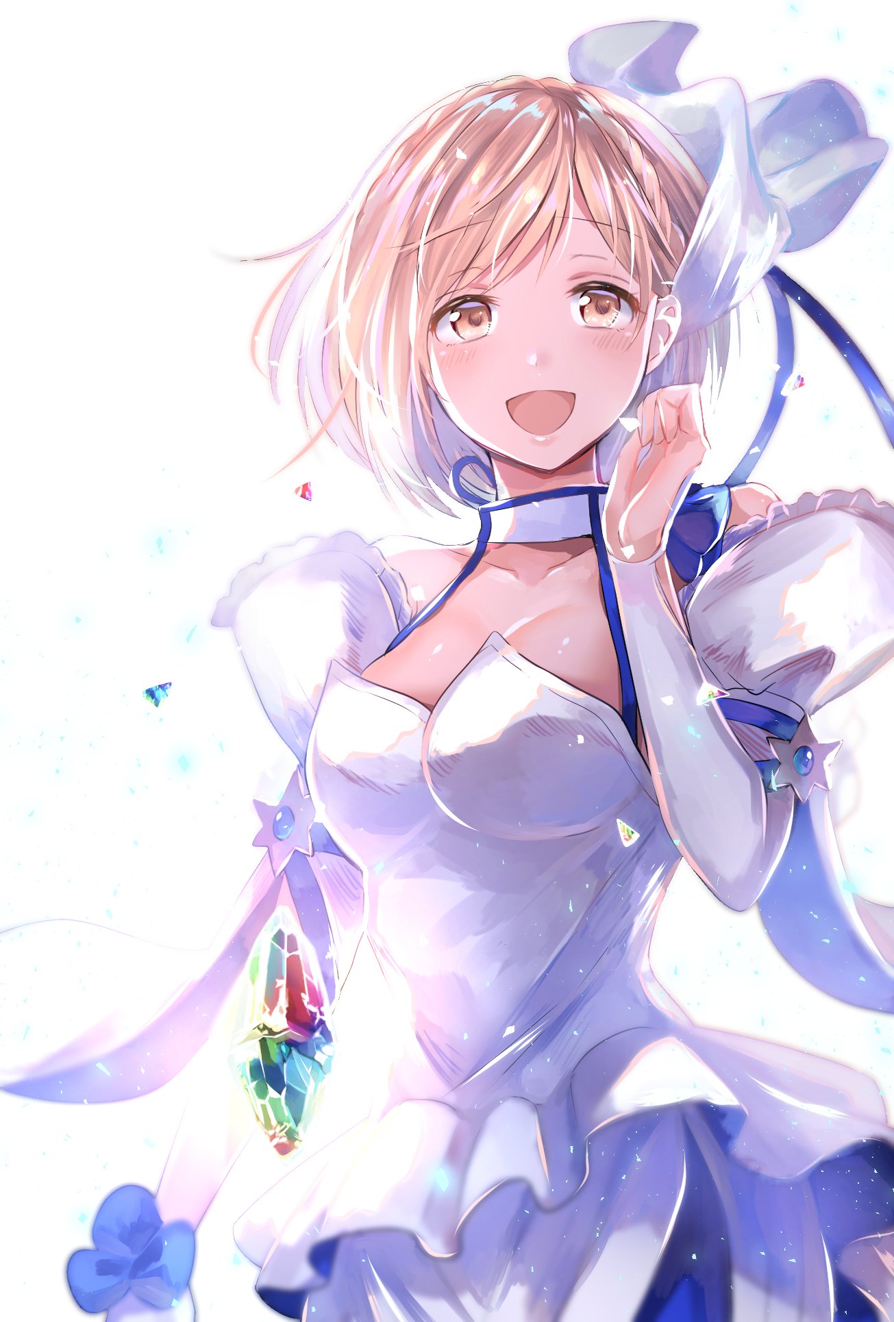 1girl, bare_shoulders, blonde_hair, braid, breasts, choker, crystal, detached_sleeves