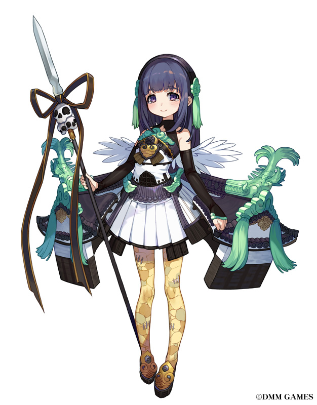 1girl, arm_warmers, bangs, black_hair, dmm, hairband, holding, holding_spear