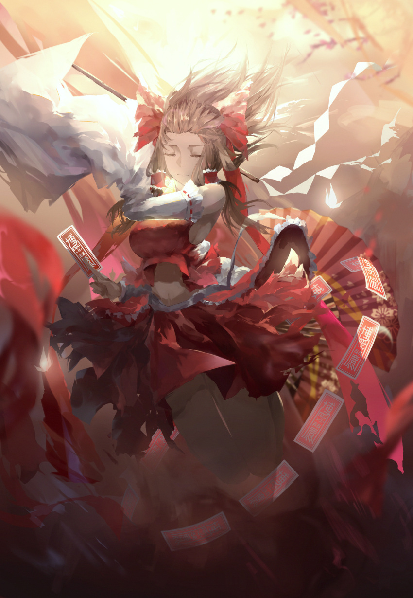 1girl, absurdres, breasts, brown_hair, closed_eyes, detached_sleeves, frown, gohei, hair_blowing, hakurei_reimu, highres, long_hair, medium_breasts, midriff, muye, navel, ofuda, skirt, solo, touhou, umbrella, wind