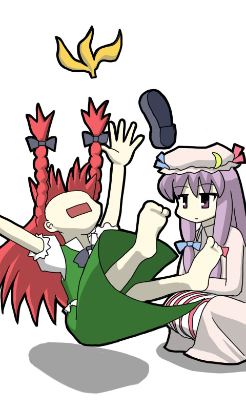 banana_peel, barefoot, chibi, china_dress, chinadress, chinese_clothes, dress, falling, feet, hat, hong_meiling, long_hair, multiple_girls, nyantalab, patchouli_knowledge, purple_eyes, purple_hair, red_hair, redhead, touhou, trip, tripping, violet_eyes