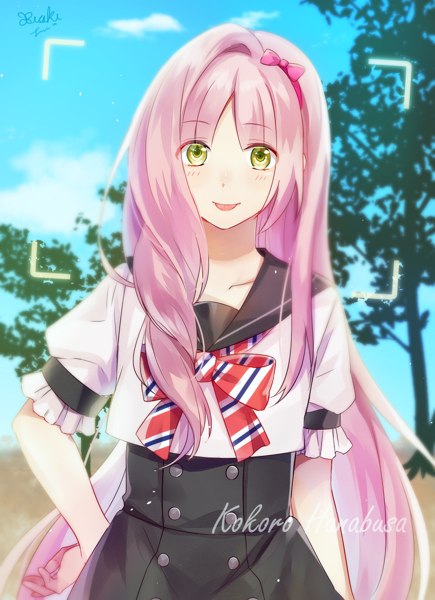 1boy, :p, blush, character_name, crossdressinging, day, dress, green_eyes