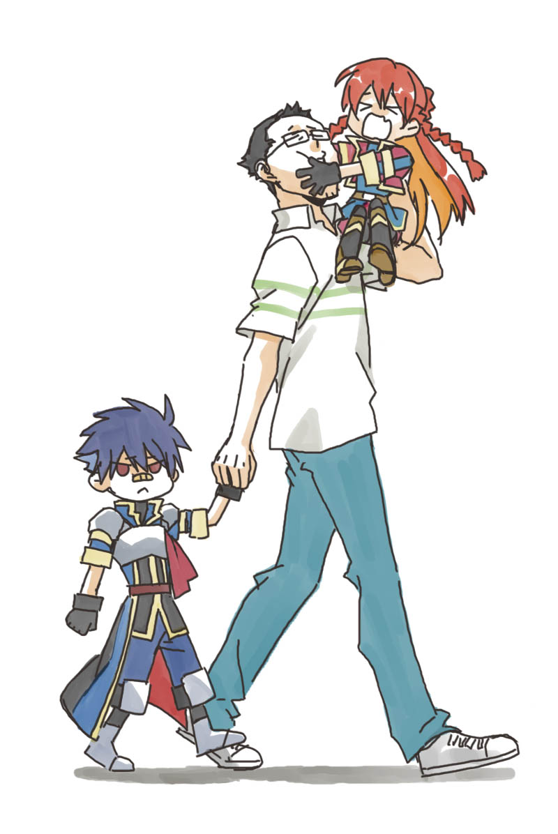>_<, 1girl, 2boys, armor, bandaid, bandaid_on_nose, black_gloves, blackfoxes