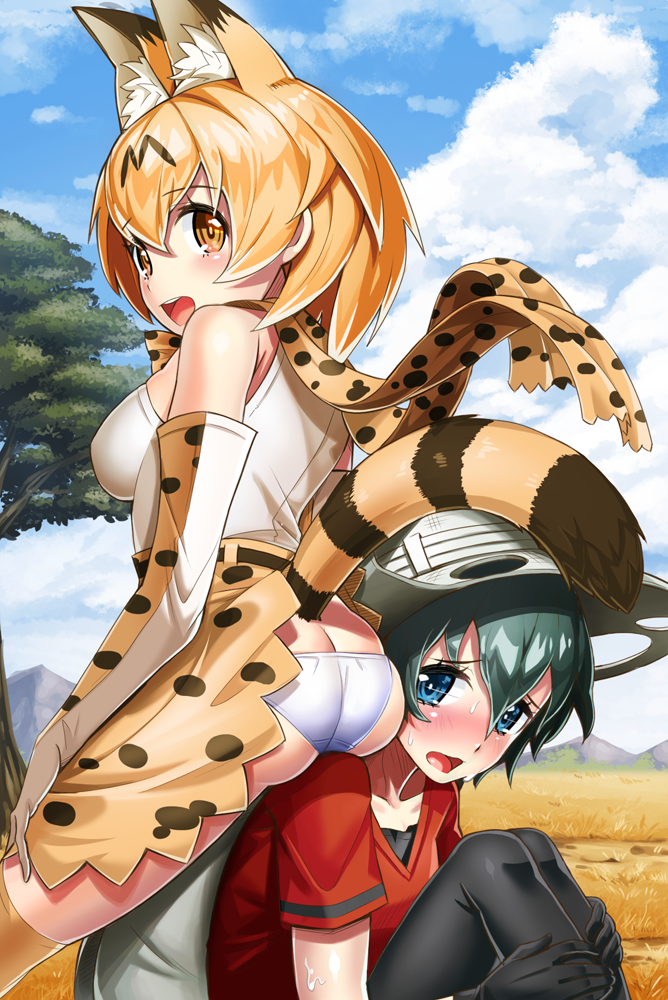 2girls, :d, animal_ears, bare_shoulders, black_hair, black_legwear, blonde_hair, blue_eyes