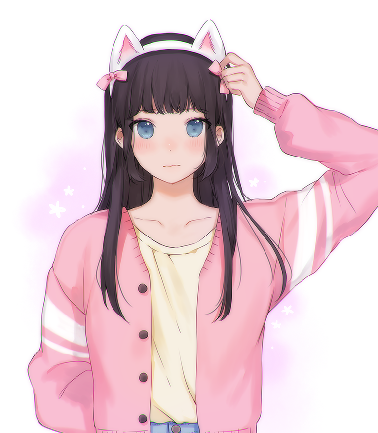 1girl, :|, animal_ears, black_hair, blue_eyes, blue_shorts, blush, bow, closed_mouth, commentary, denim, denim_shorts, eyebrows_visible_through_hair, fake_animal_ears, jacket, long_hair, long_sleeves, looking_at_viewer, open_clothes, open_jacket, original, pink_bow, ruuto-kun, shirt, shorts, simple_background, solo, unbuttoned, white_background, yellow_shirt