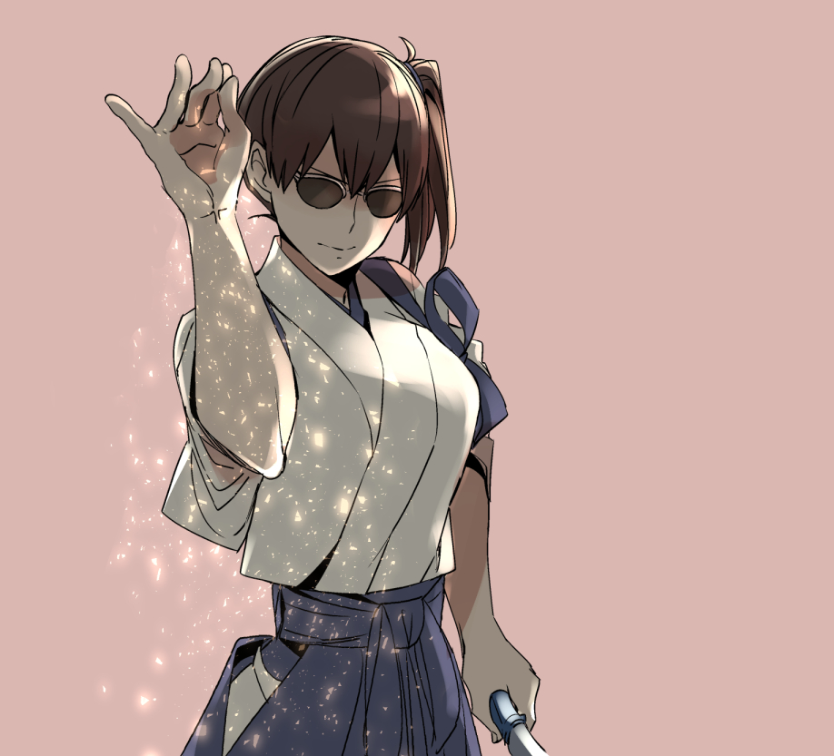 1girl, blue_hakama, brown_hair, commentary_request, hakama, holding, holding_knife, japanese_clothes, kaga_(kantai_collection), kantai_collection, knife, long_hair, meme, nusret_gokce, parody, pink_background, salt_bae_(meme), side_ponytail, simple_background, solo, sora_(sky_s04), sunglasses, tasuki