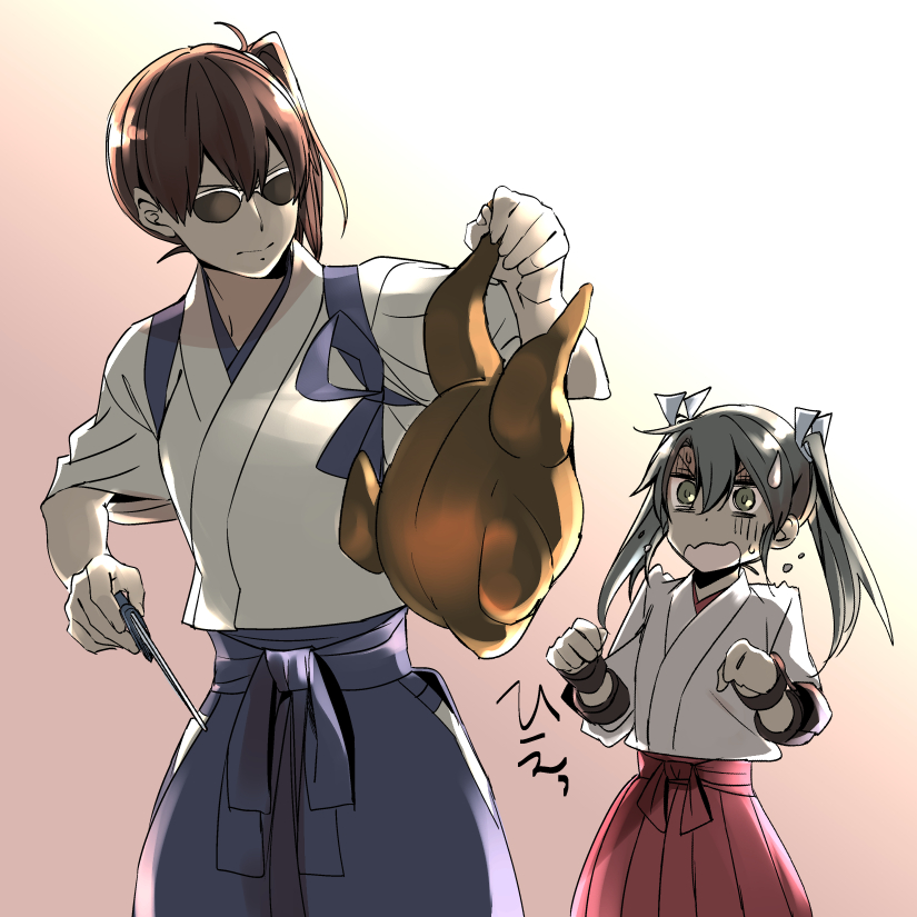 2girls, blue_hakama, brown_hair, commentary_request, food, grey_eyes, grey_hair, hair_ribbon, hakama, holding, holding_knife, japanese_clothes, kaga_(kantai_collection), kantai_collection, knife, long_hair, meme, multiple_girls, nontraditional_miko, nusret_gokce, red_hakama, ribbon, salt_bae_(meme), side_ponytail, sora_(sky_s04), sunglasses, sweatdrop, tasuki, turkey_(food), twintails, white_ribbon, zuikaku_(kantai_collection)