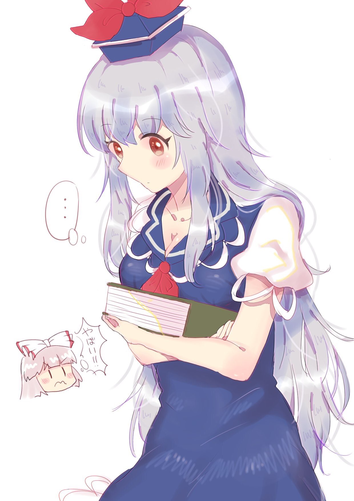 ..., blue_hair, blush, book, bow, breasts, cleavage, commentary_request