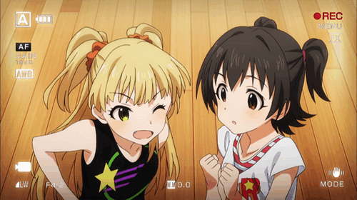 2girls, akagi, akagi_miria, animated, animated_gif, black_hair, blonde_hair, brown_eyes, idolmaster, jougasaki_rika, lowres, multiple_girls, twintails