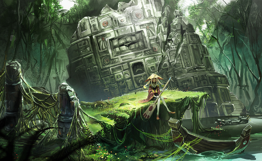 1girl, bayashiko, boat, canoe, day, flower, forest, grass
