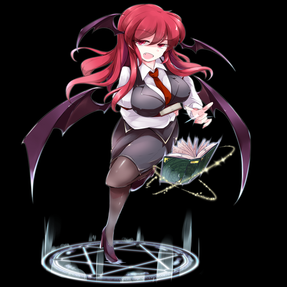 1girl, between_breasts, black_background, black_legwear, black_shoes, book, breasts, collared_shirt, demon_wings, fang, full_body, fumitsuki_(minaduki_6), hair_between_eyes, head_wings, high_heels, koakuma, large_breasts, long_hair, long_sleeves, looking_at_viewer, magic_circle, necktie, necktie_between_breasts, open_mouth, pantyhose, pencil_skirt, red_eyes, red_necktie, redhead, shirt, shoes, simple_background, skirt, skirt_set, solo, touhou, vest, white_shirt, wing_collar, wings
