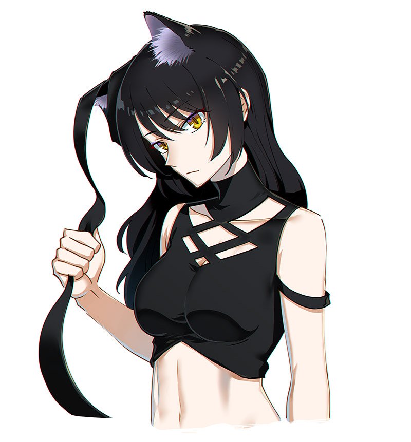 1girl, animal_ears, black_hair, blake_belladonna, cat_ears, expressionless, kuroda_(nanchara_flight), long_hair