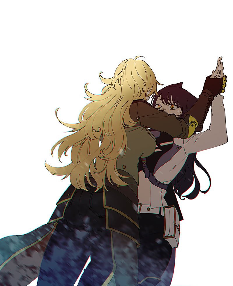 2girls, animal_ears, belt, black_hair, blake_belladonna, blonde_hair, cat_ears, face-to-face