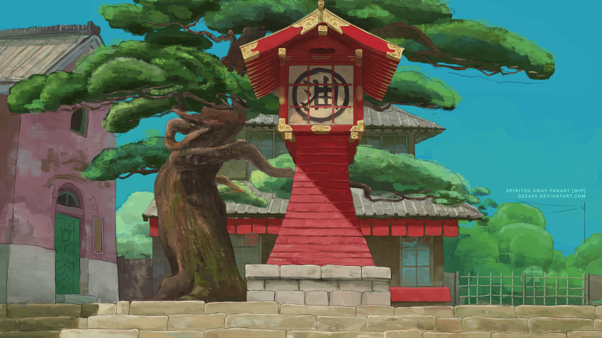 absurdres, blue_sky, brick, commentary, day, deviantart_username, door, highres