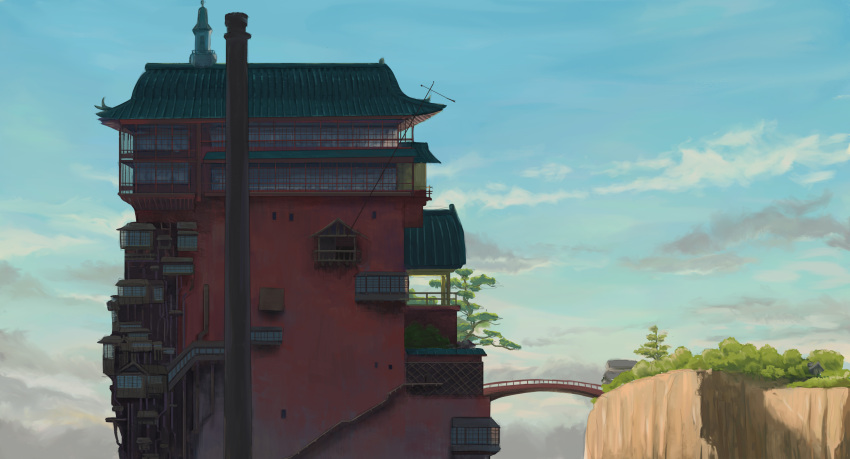 absurdres, balcony, blue_sky, bridge, building, chimney, cliff, clouds