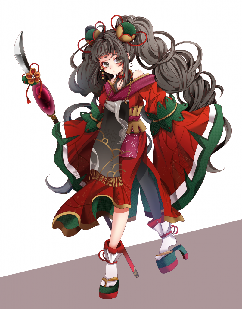 1girl, benitora, braid, caravan_stories, grey_eyes, grey_hair, hair_ornament, naginata, polearm, sandals, solo, standing, standing_on_one_leg, twin_braids, weapon, white_legwear, wide_sleeves