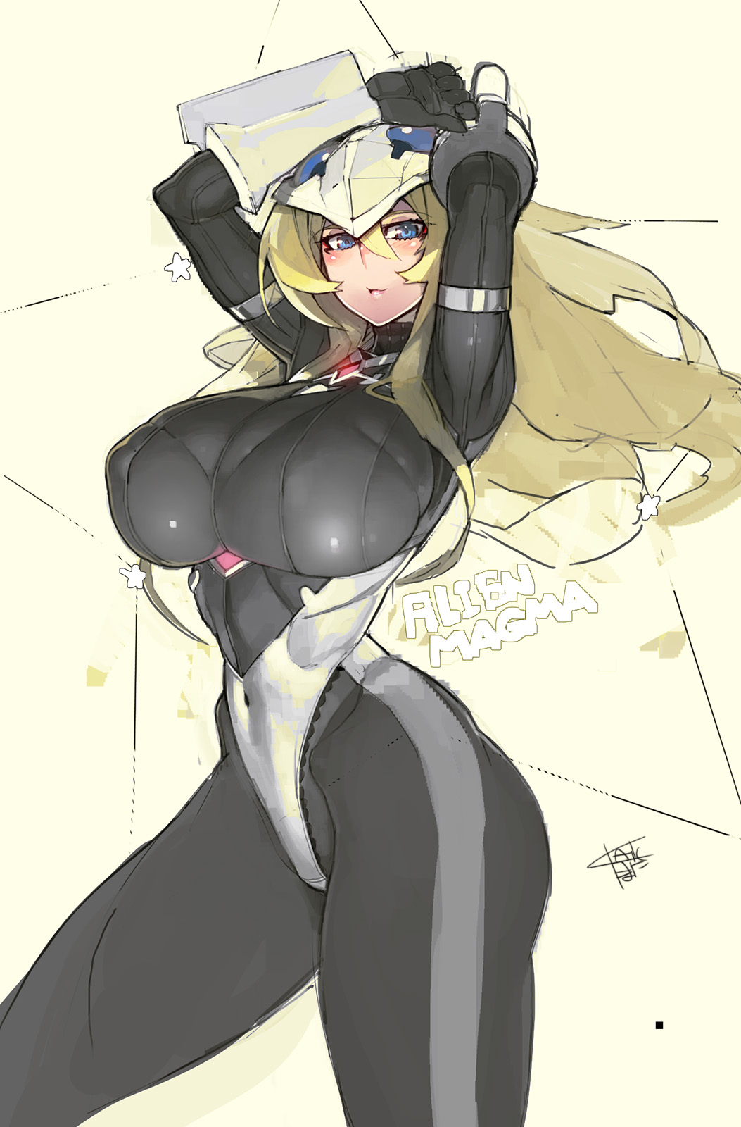 1girl, arms_up, blue_eyes, blush, bodysuit, breasts, erect_nipples, headwear