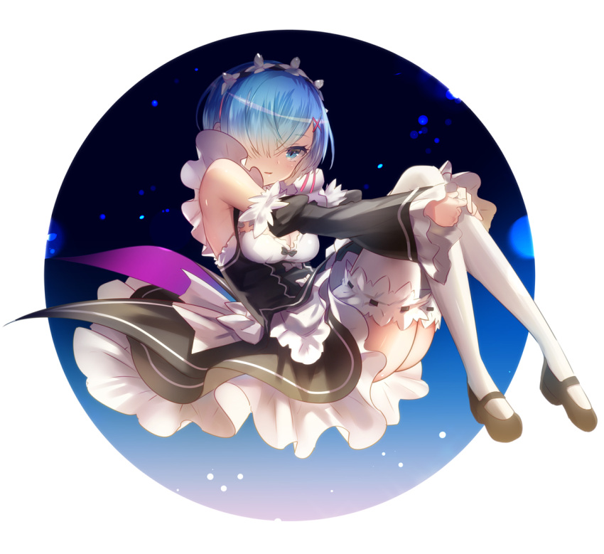 1girl, blue_eyes, blue_hair, breasts, cleavage, detached_sleeves, full_body, hair_over_one_eye, hair_ribbon, head_wreath, leg_hug, medium_breasts, re:zero_kara_hajimeru_isekai_seikatsu, red_ribbon, rem_(re:zero), ribbon, shiny, shiny_skin, shiobana, short_hair, simple_background, solo, thigh-highs, white_background, white_legwear