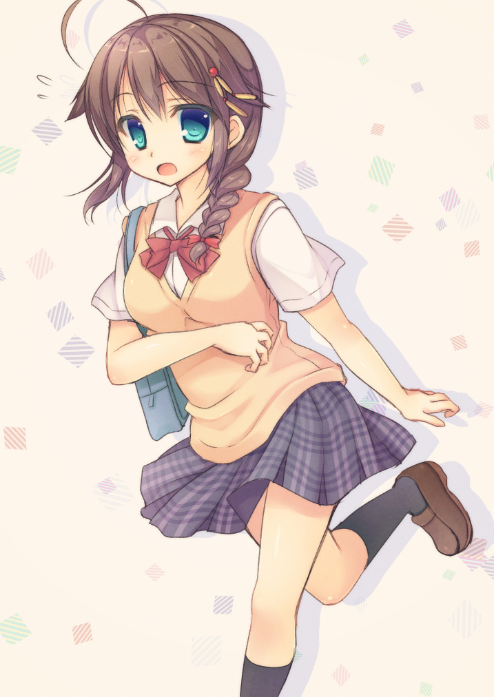 1girl, alternate_costume, ameya_kirika, black_hair, blue_eyes, braid, flying_sweatdrops, grey_skirt