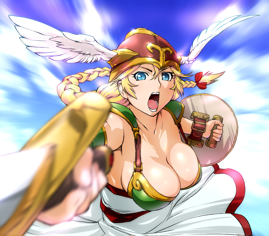 armor, armored_dress, blonde_hair, blue_eyes, braid, breasts, cleavage, foreshortening