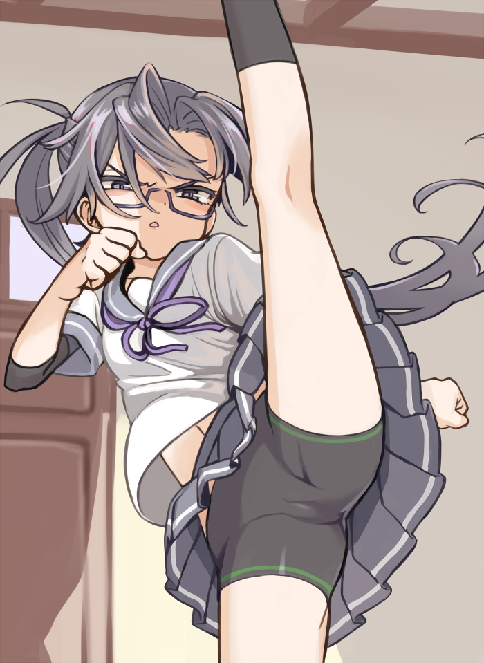 1girl, amagiri_(kantai_collection), bike_shorts, glasses, grey_eyes, grey_hair, hair_between_eyes, high_kick