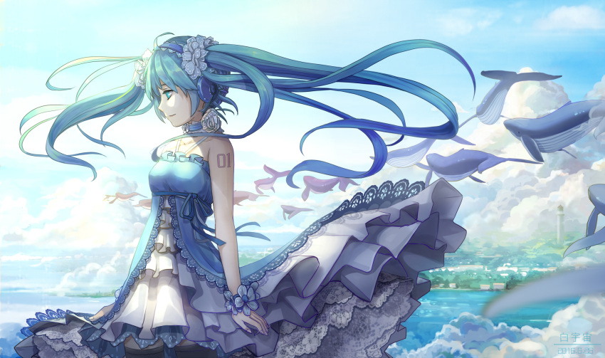 1girl, aoiakamaou, black_legwear, blue_hair, blue_hairband, blue_ribbon, collarbone, cowboy_shot