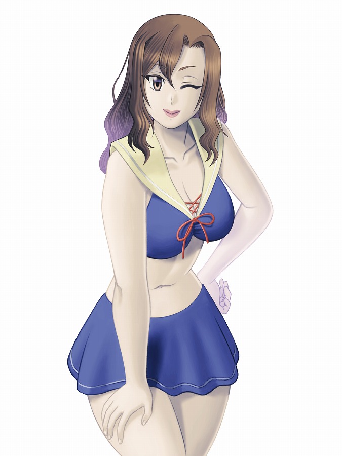 1girl, ;), blue_skirt, breasts, brown_eyes, brown_hair, cleavage, hand_on_hip, hand_on_leg, haru_(hall), kouzuki_sanae, long_hair, looking_at_viewer, midriff, navel, one_eye_closed, sakura_quest, skirt, smile, solo