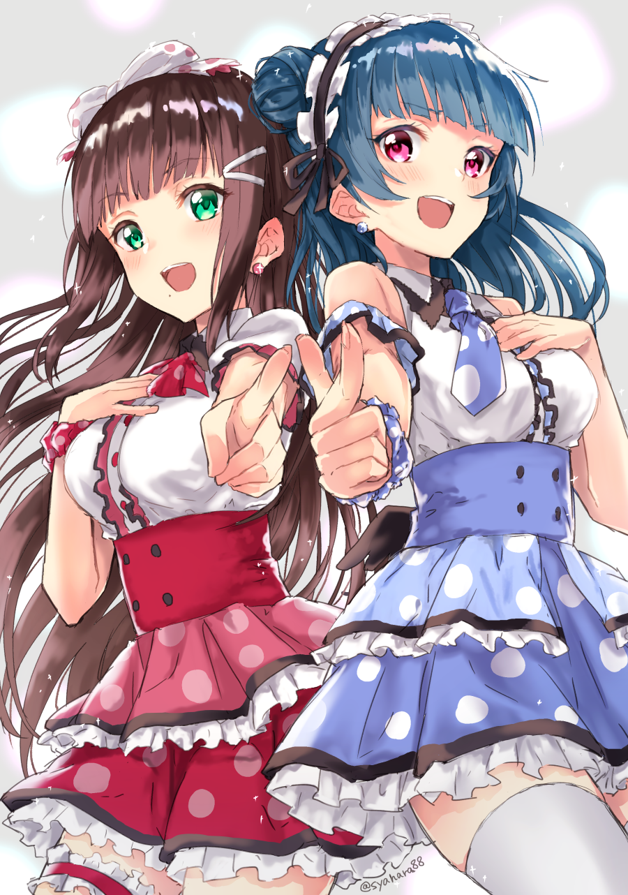 2girls, :d, ascot, bangs, black_hair, blue_bow, blue_bowtie, blue_hair