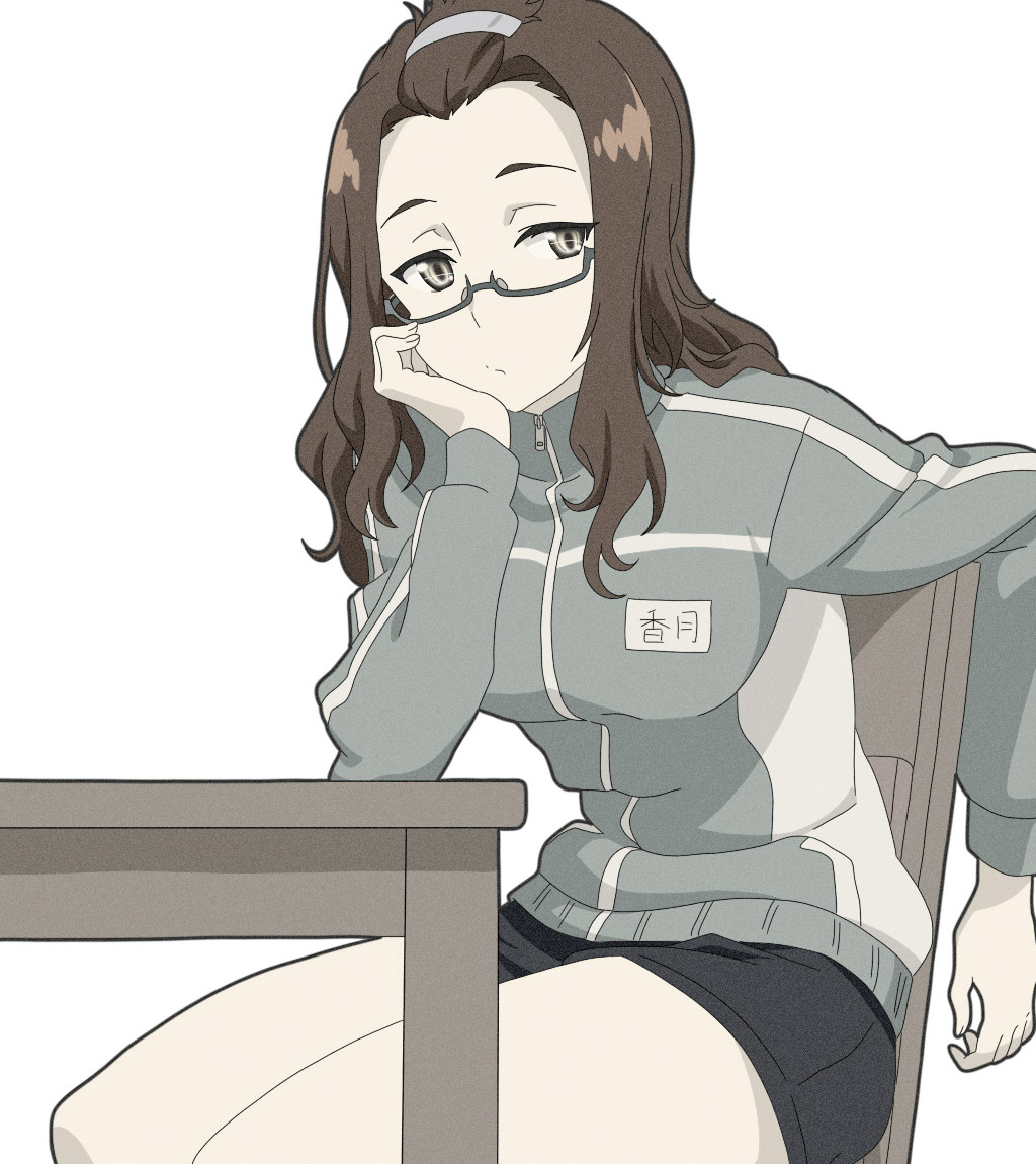 1girl, brown_hair, chair, glasses, head_on_hand, kouzuki_sanae, sakura_quest, sitting
