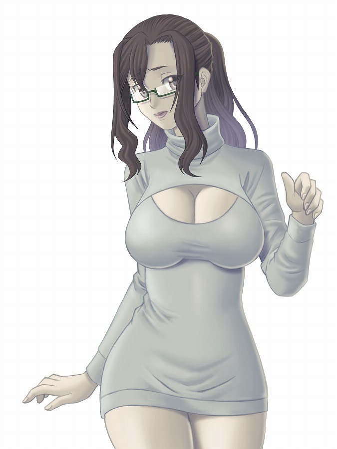1girl, breasts, brown_eyes, brown_hair, cleavage, cleavage_cutout, dress, glasses, haru_(hall), kouzuki_sanae, long_hair, sakura_quest, solo, sweater, sweater_dress