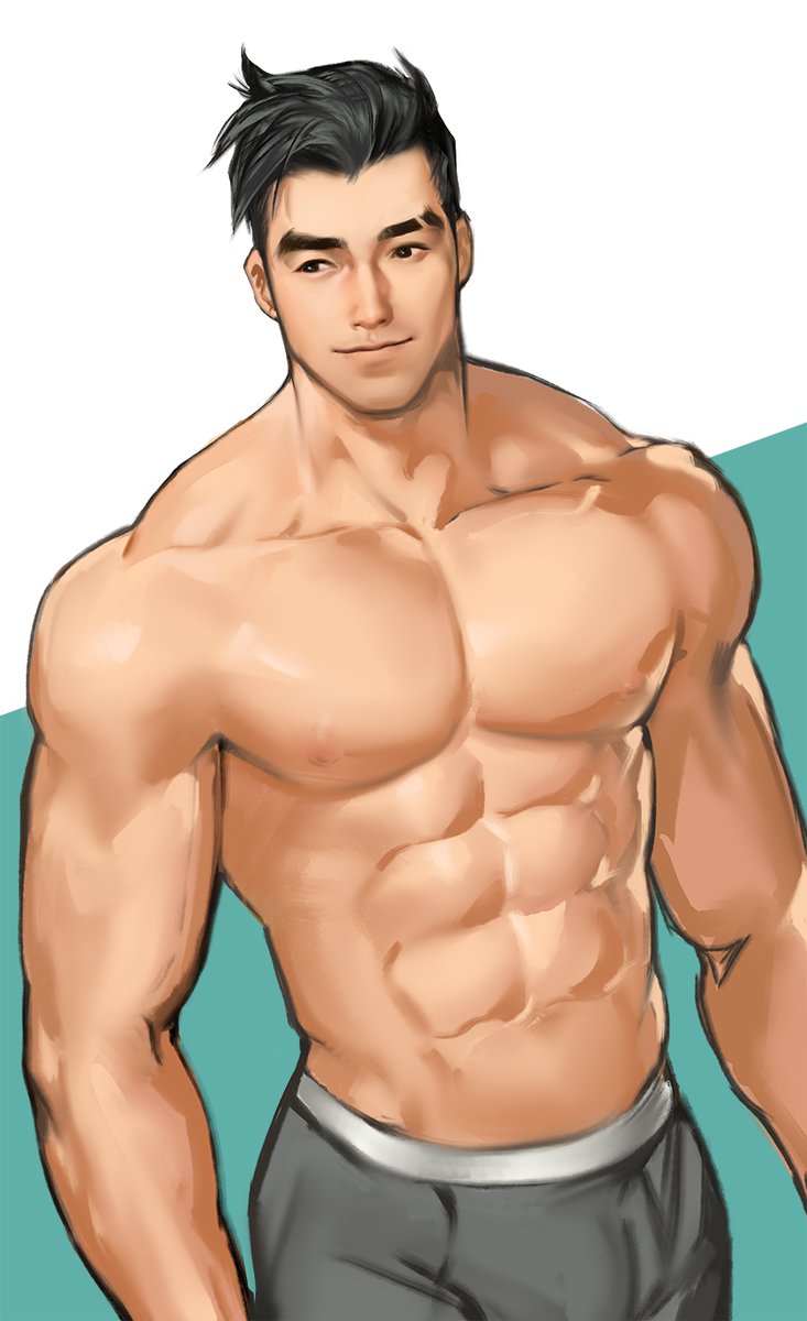 1boy, abs, black_eyes, black_hair, collarbone, craig_cahn, dream_daddy:_a_dad_dating_simulator, eyebrows