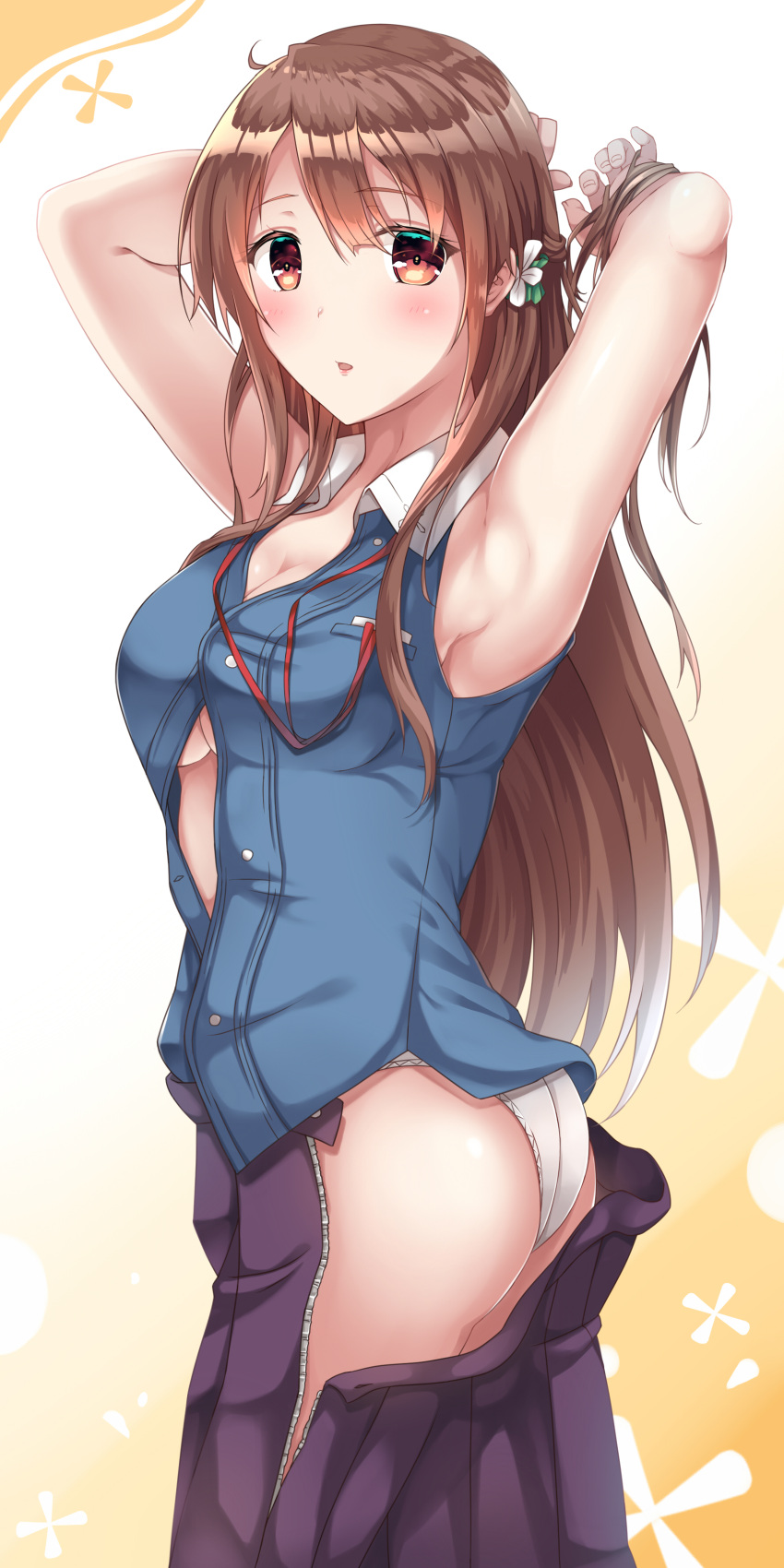 1girl, absurdres, adjusting_hair, armpits, ass, blush, breasts, brown_eyes