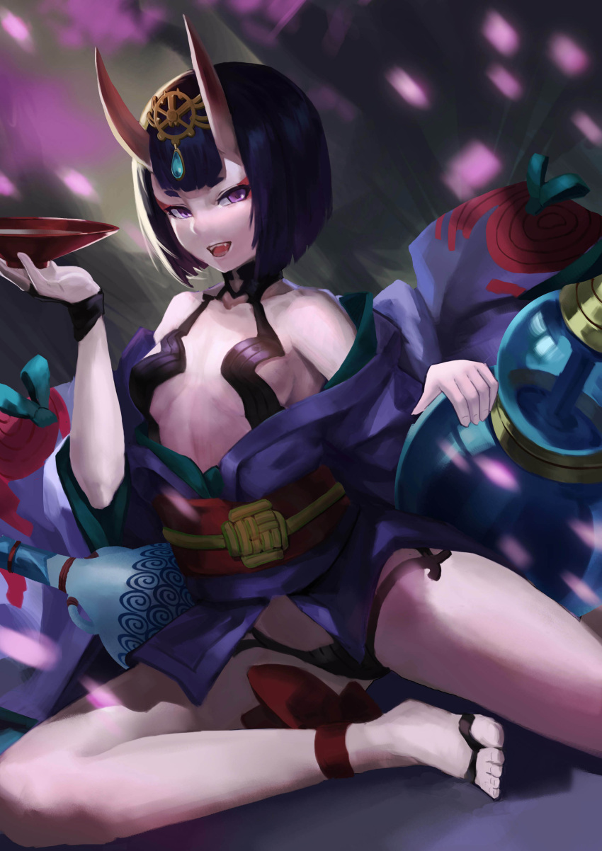 1girl, :d, absurdres, alcohol, ankle_ribbon, bangs, bare_shoulders, black_hair, bowl, breasts, cherry_blossoms, collarbone, cup, fangs, fate/grand_order, fate_(series), gem, gourd, green_ribbon, headpiece, highres, holding, holding_bowl, japanese_clothes, kimono, long_sleeves, looking_at_viewer, luobo_carrot, motion_blur, off_shoulder, oni, oni_horns, open_mouth, pale_skin, petals, pot, print_kimono, purple_kimono, red_ribbon, revealing_clothes, ribbon, sakazuki, sake, short_eyebrows, short_hair, short_kimono, shuten_douji_(fate/grand_order), sitting, small_breasts, smile, solo, violet_eyes