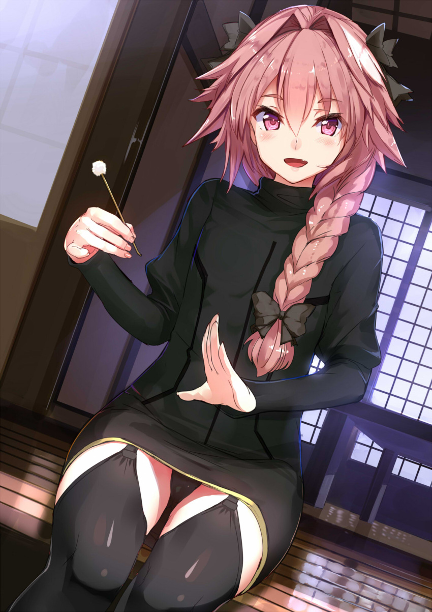 1boy, akasaai, black_dress, black_legwear, black_panties, braid, dress, fang